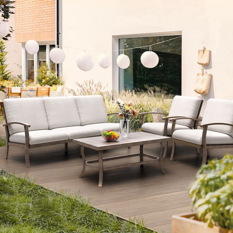 5-Person Aluminum Patio Conversation Set with Coffee Table, Sofa and Light Gray Cushions