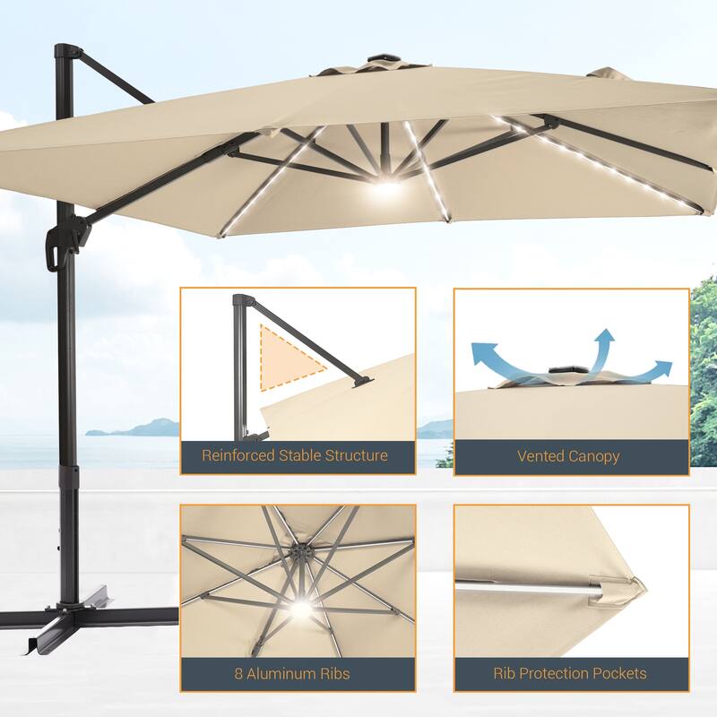 LIVOOSUN 10x10ft LED Cantilever Patio Offset Hanging Umbrellas