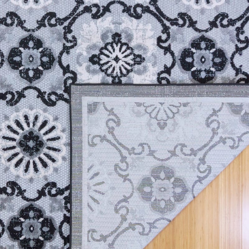 Gertmenian Fosel Chora Black Modern Floral Tile Indoor/ Outdoor High-Low Area Rug