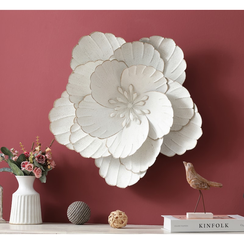 25-Inch Distressed White Metal Flower Wall Decor