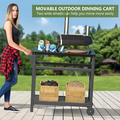 Outdoor Steel Movable Dining Table Cart with Dark Gray Tabletop
