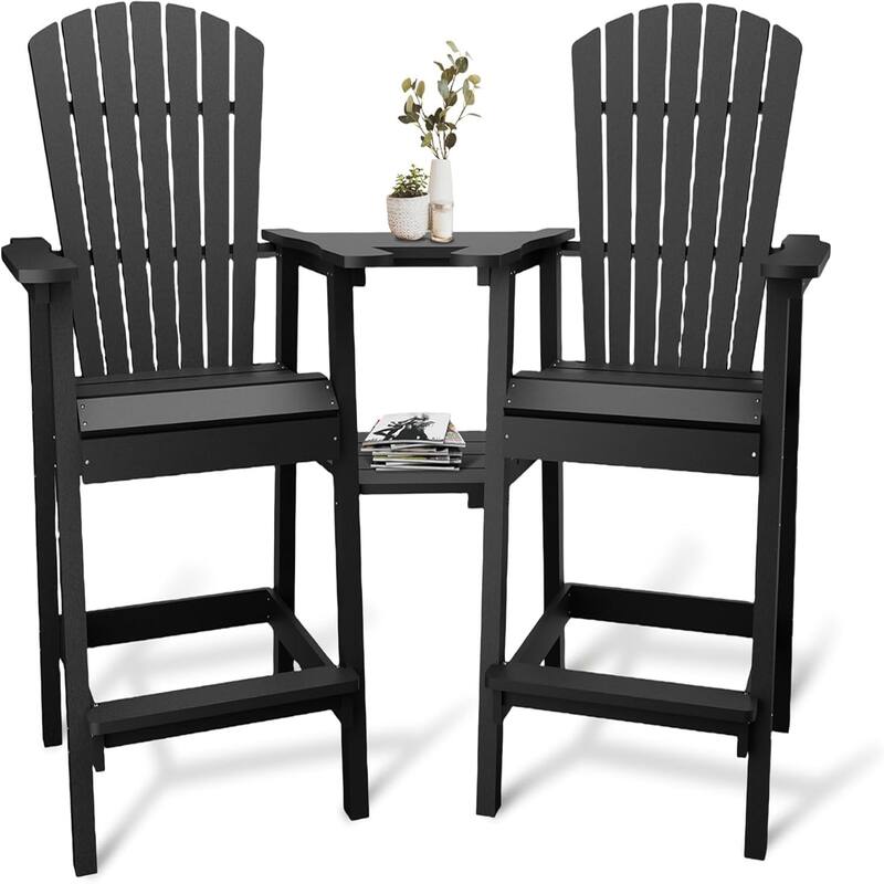 2-Pack Adirondack Bar Stools High-Back Outdoor Patio Chairs with Cup Holder Tray - Black