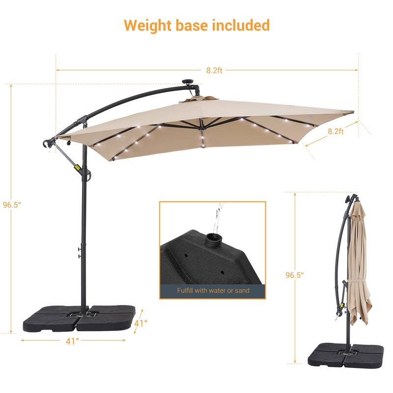 LIVOOSUN Solar Powered 8.2ft LED Patio Offset Umbrella With Base