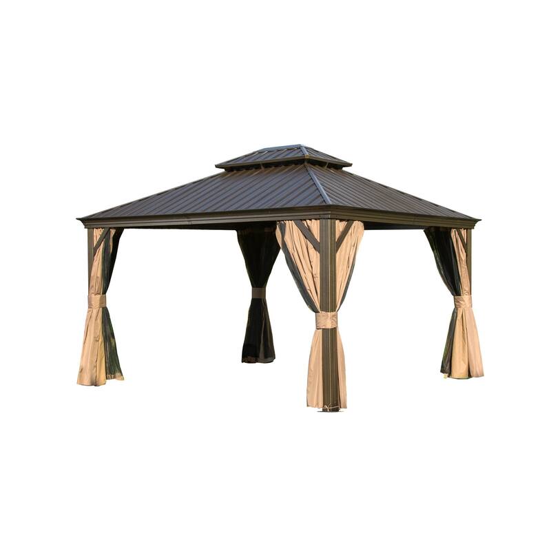 GDFStudio - Terry Outdoor Aluminum Hardtop Gazebo with Galvanized Steel Double Roof, Curtains & Netting - 12x14FT - Brown