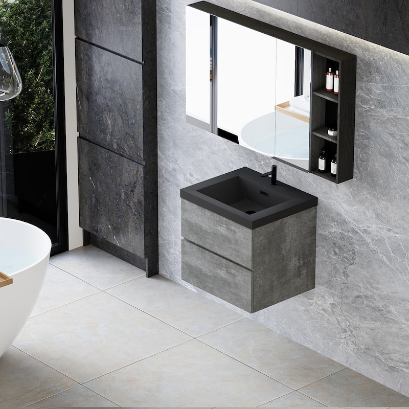 24"Bathroom Vanity with Sink,Wall-Mounted Bathroom Storage Vanity Cabinet with Black Quartz Sand Top Basin and Soft Close Drawer