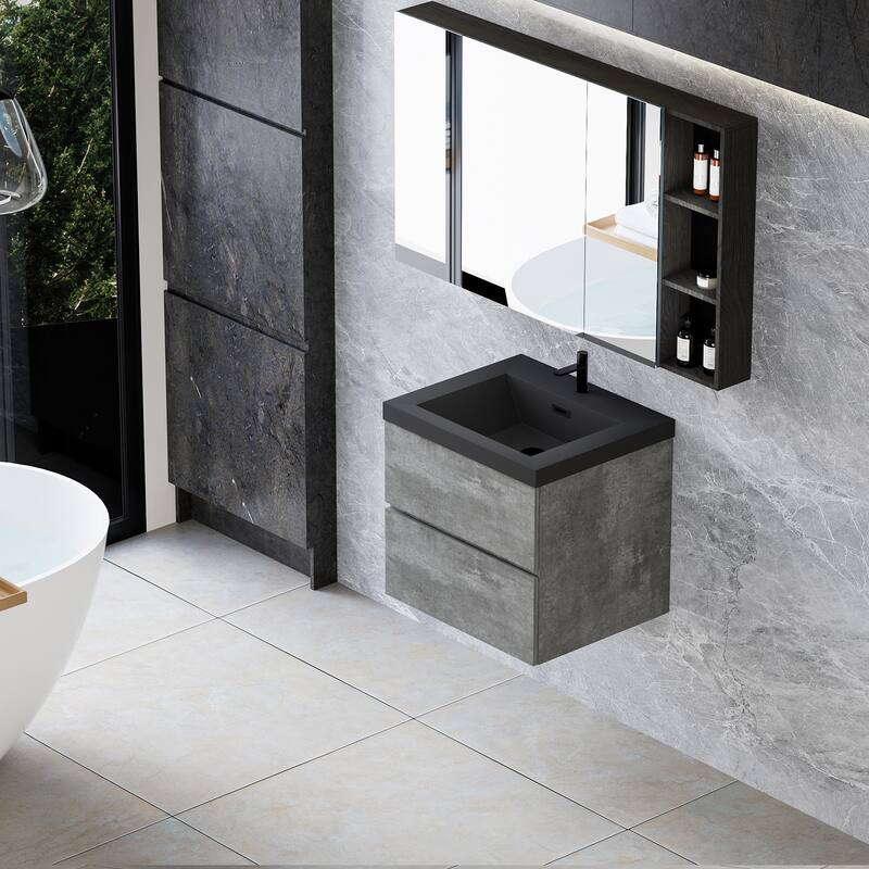 Wall-Mounted Bathroom Vanity with Gray Storage Cabinet, Matte Black Quartz Sand Sink, Soft-Close Hinges - 23.62in L Melamine