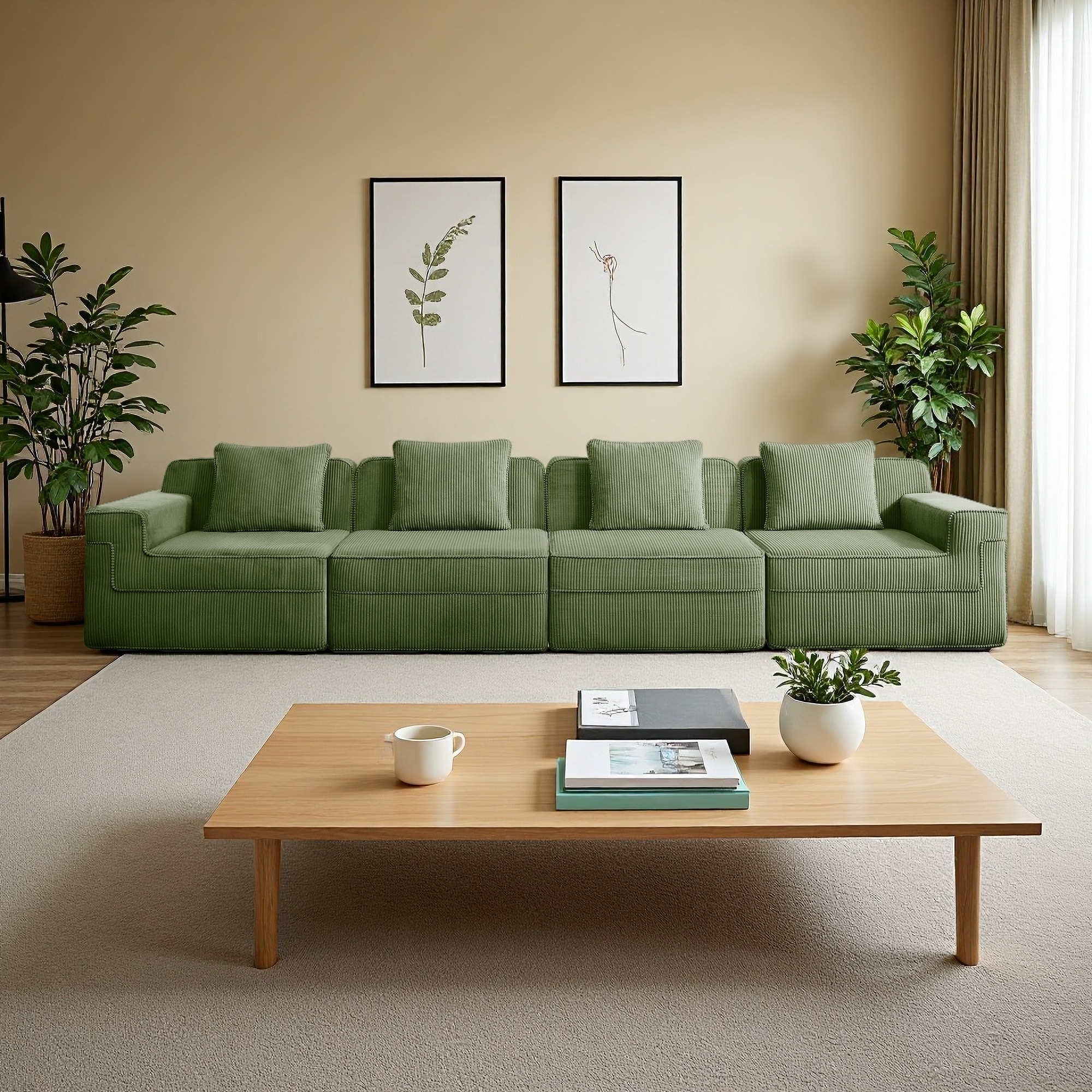 153.5" Corduroy Modular 4-Seater Sectional Sofa with Deep Seat & Pillows