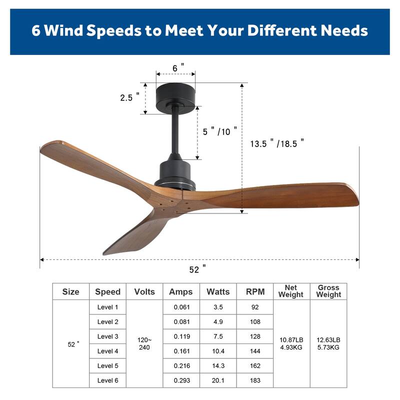 Clihome 52 In. Farmhouse Ceiling Fan With Remote Carved Wood