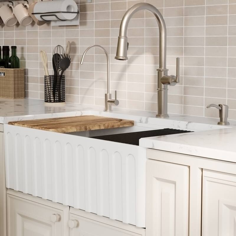 Karran 33" Single Bowl Workstation Fireclay Kitchen Sink with Reversible Fluted Apron Front