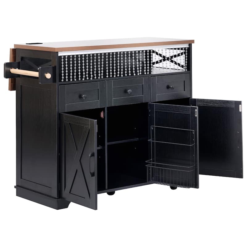 46.5''Farmhouse Kitchen Island with Drape of Beads, Power Outlet,Rolling Kitchen cart on Wheels with Drop Leaf,3 Doors,3 Drawers