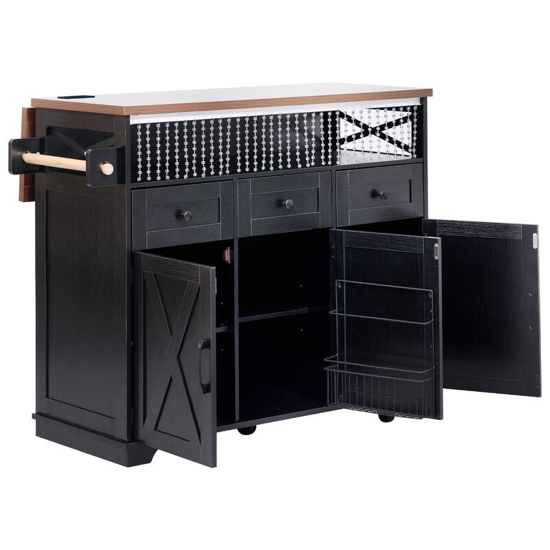 Roomfitters 46.5" Rolling Kitchen Island with Drop Leaf, Mobile Cart with 2 AC Outlets & USB, Beaded Drape & 3 Drawers