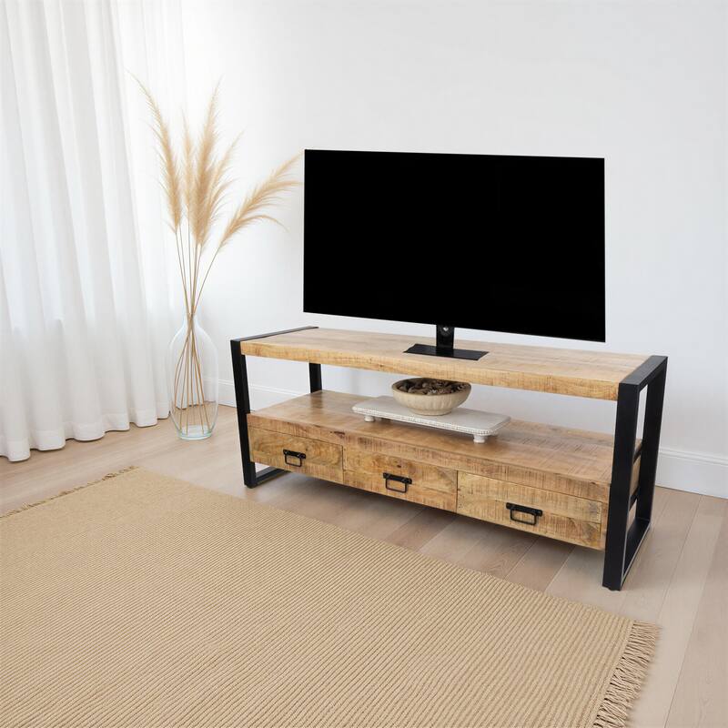 60" Solid Mango Wood Industrial TV Stand with Storage Drawers