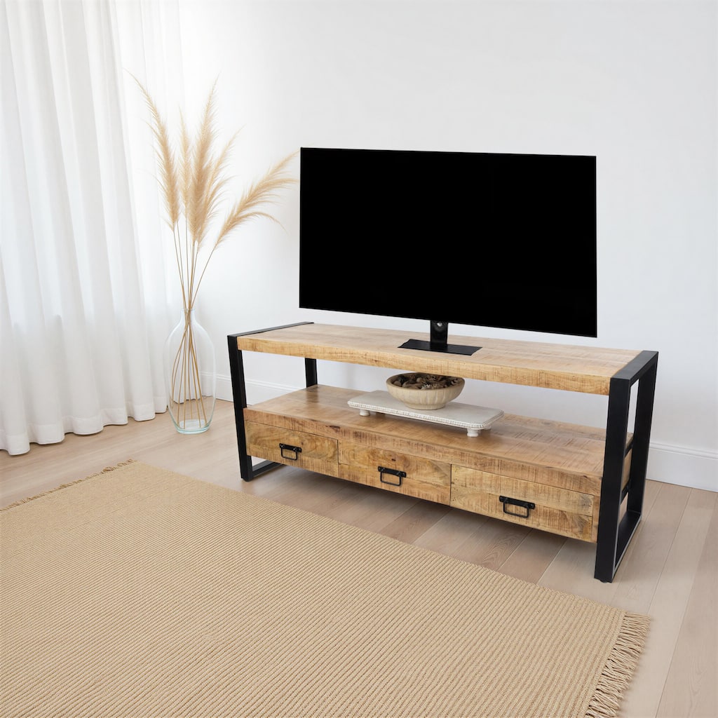 60" Solid Mango Wood Industrial TV Stand with Storage Drawers