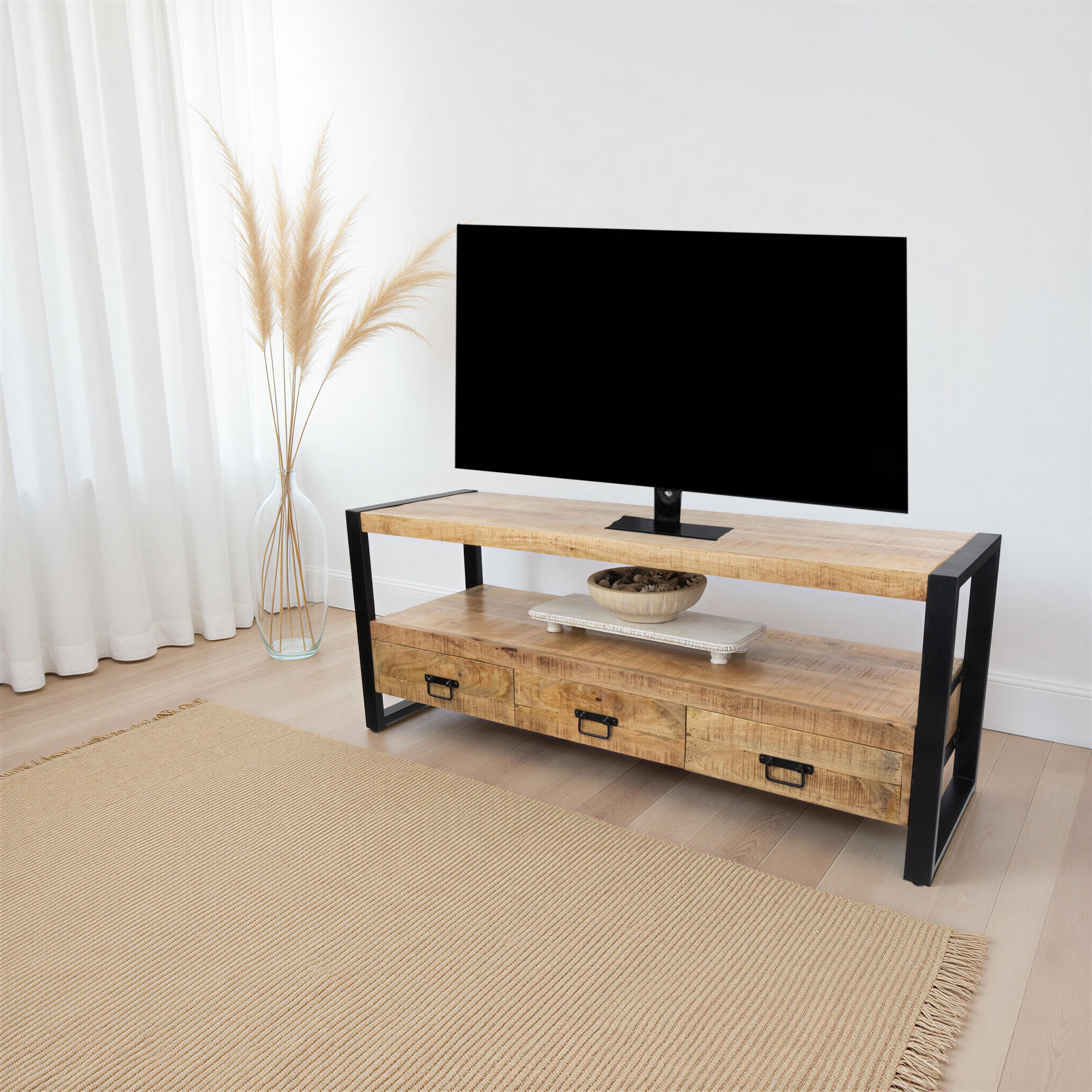 60" Solid Mango Wood Industrial TV Stand with Storage Drawers