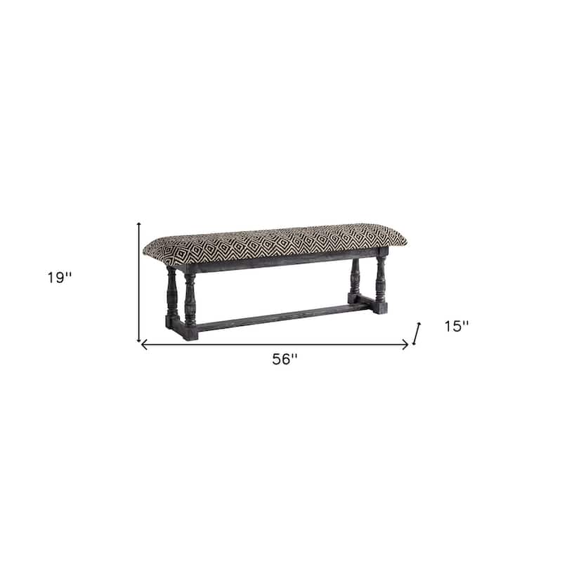 HomeRoots 56" Black and White and Gray Upholstered Cotton Blend Trellis Bench - 56