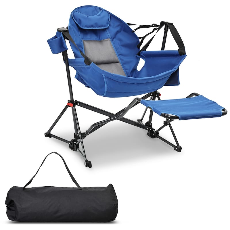 Hammock Camping Chair with Footrest, Outside Foldable Portable Rocking Chairs - Blue