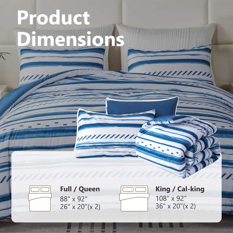 3-Piece 100% Cotton Coastal-inspired Comforter Set, Blue Striped Comforter and 2 Pillowcases for All Season