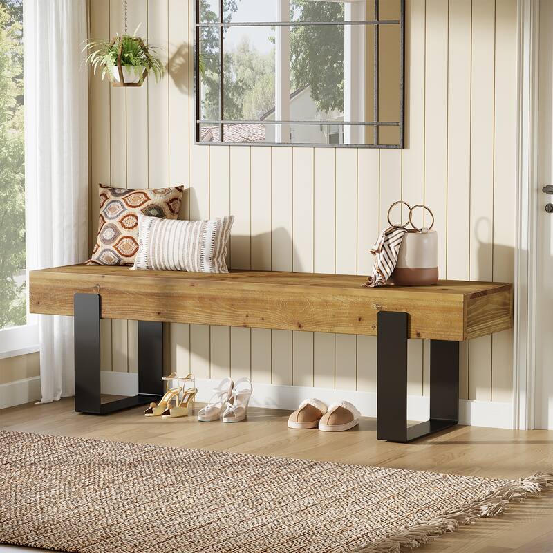 63" Solid Wood Entryway Bench with Metal Legs, Farmhouse