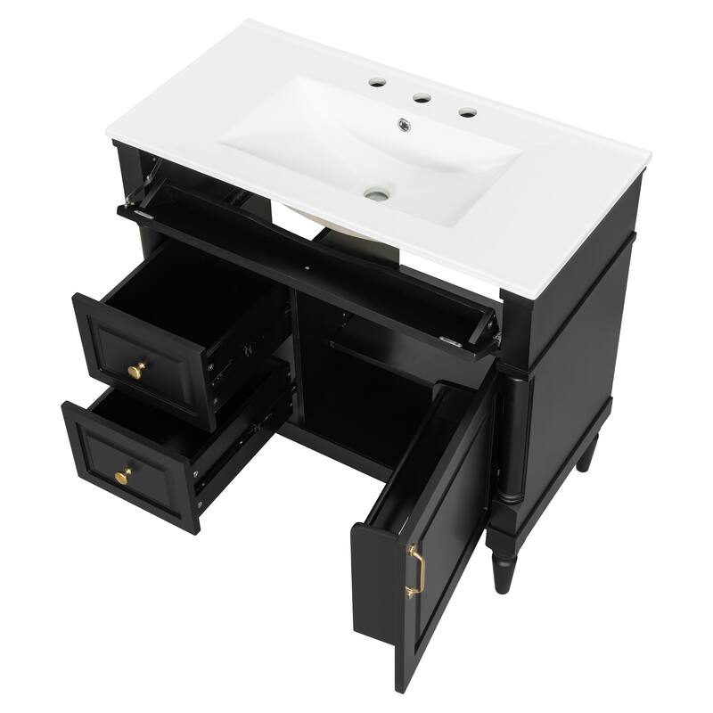 Roomfitters 36" Bathroom Vanity with Sink, Solid Wood Frame, Flip Drawer, 2 Drawers & Door Rack