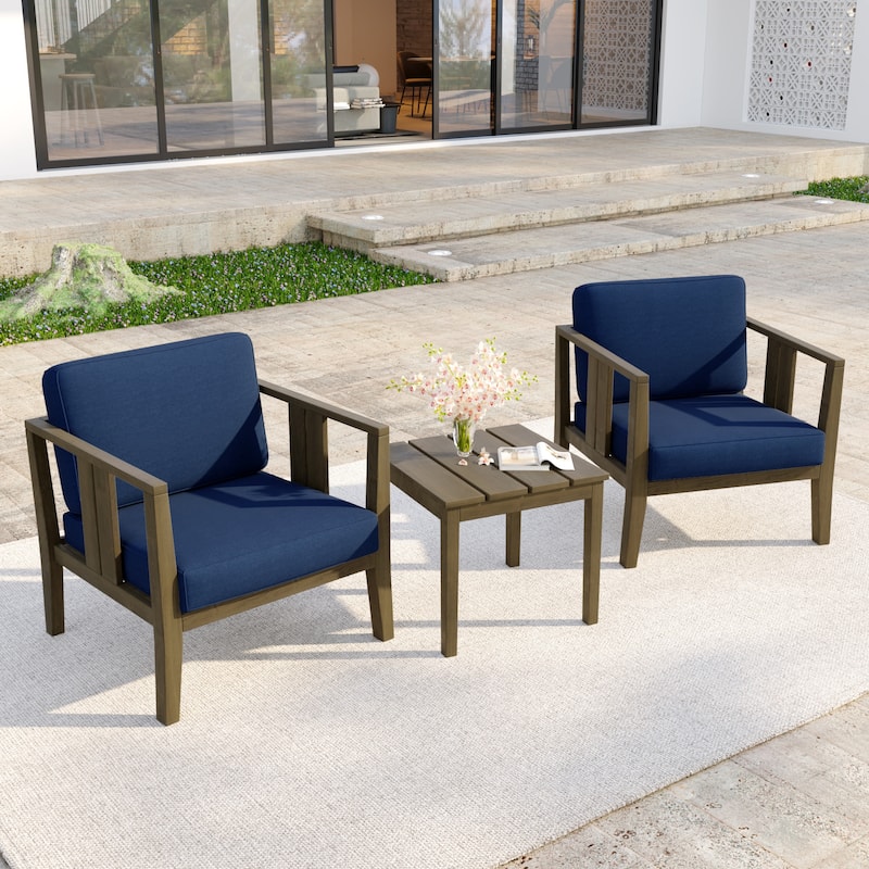 Casual 29"W Outdoor Patio Armchair Set In Solid Teak Wood with Cushion - Natural Wood - Navy