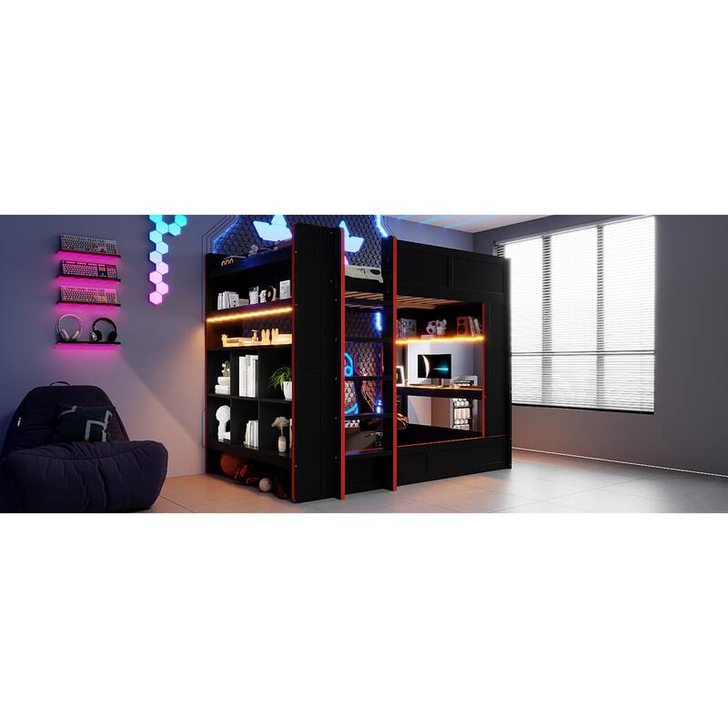 Roomfitters Full Size Gaming Bunk Bed with Desk, Storage Shelves, LED and Charging Station, Black