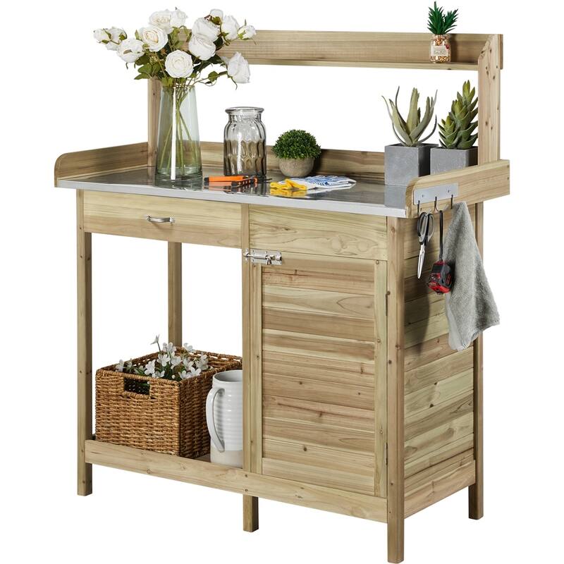 Yaheetech Fir Wood Potting Bench with Metal Tabletop - Green