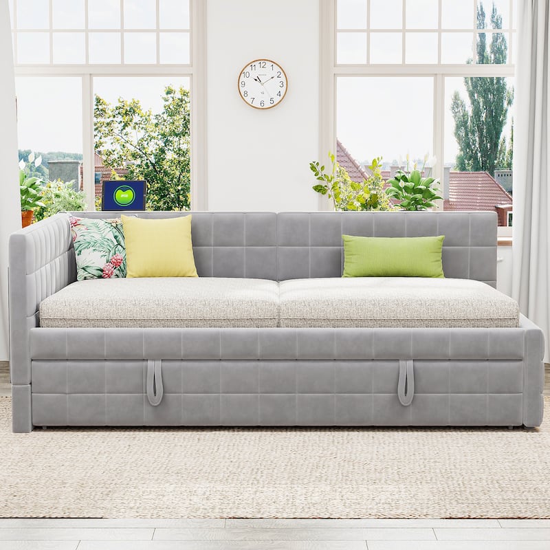 Full Size Daybed with Pull-Out Lift-Up Trundle, Upholstered Daybed Platform Bed with Stripes L-Shaped Backrest and Wood Slats