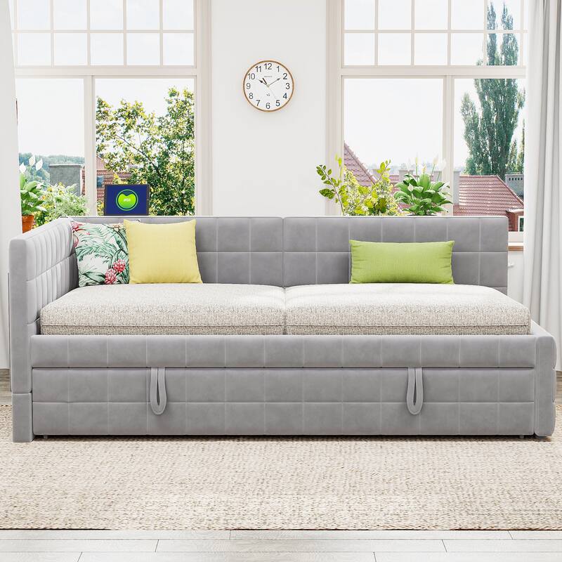 Full Size L-Shaped Daybed with Twin Trundle and USB Ports and Upholstered Storage Bed (650lbs Capacity)