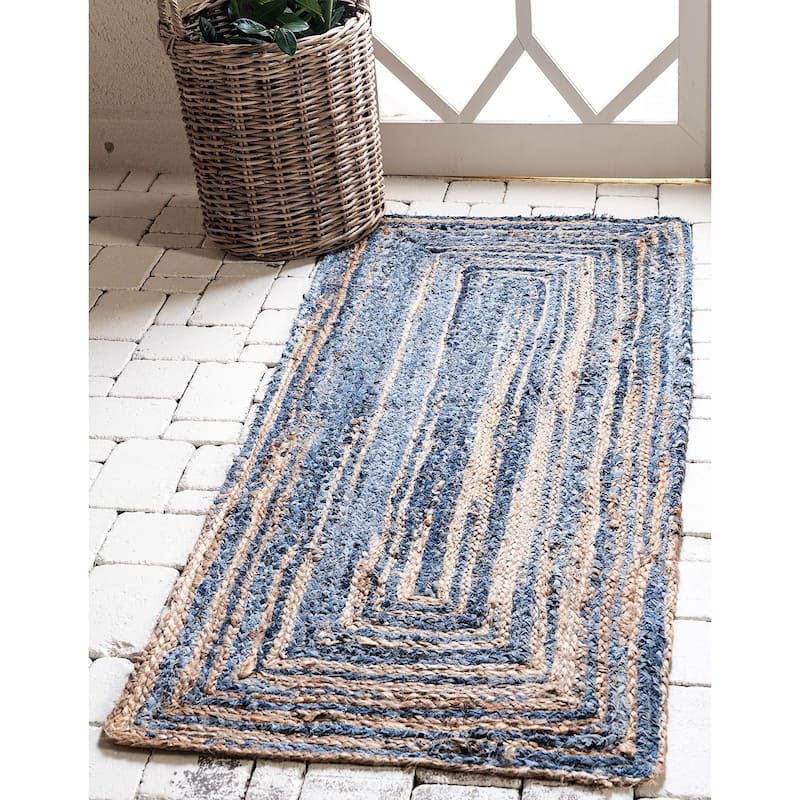 Braided Slin Collection Area Rug - 2'6"x6' - Blue-Natural