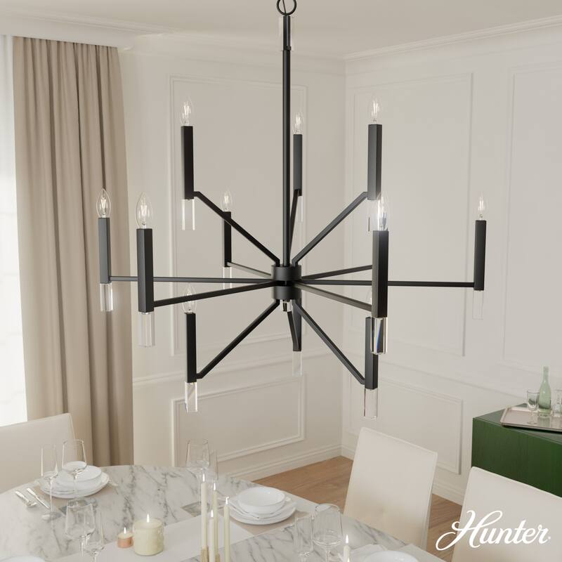 Hunter Sunjai 12-Light 3-Tier Candle Chandelier - Contemporary, Glam, Geometric - Matte Black