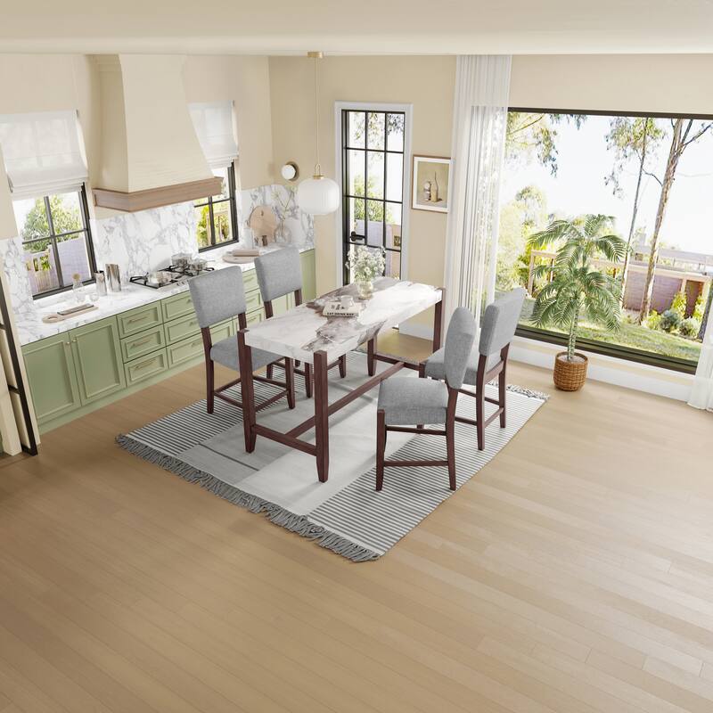 5 Piece Counter Height Dining Table Set wFaux Marble Bar Table & 4 Upholstered Seat Chairs Rectangular Dining Table Set