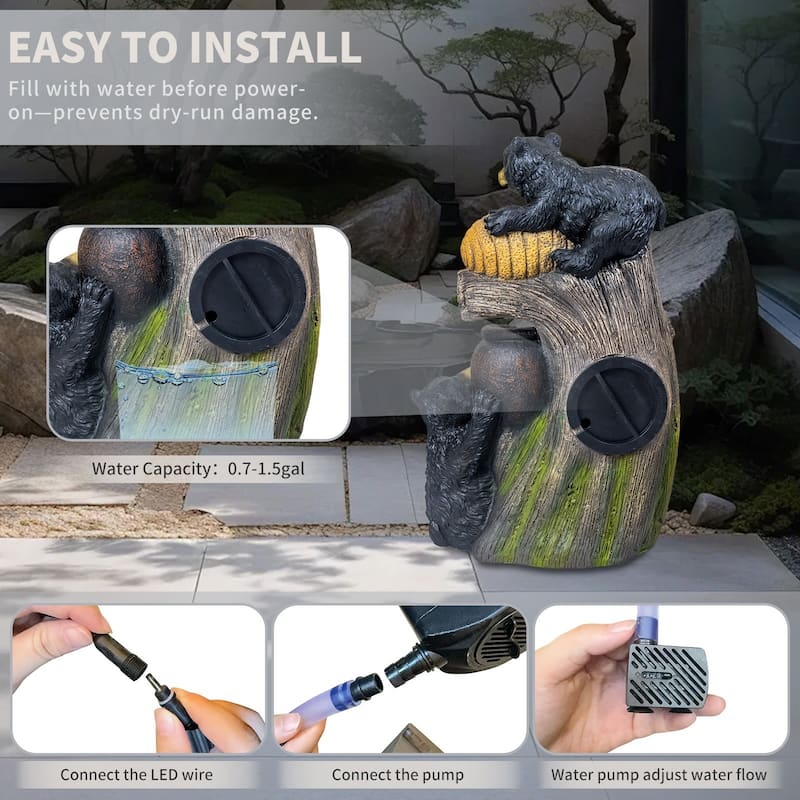 23.62 Inch Bear Outdoor Water Fountain with LED Lights Cascading Resin Garden Water Feature - N/A