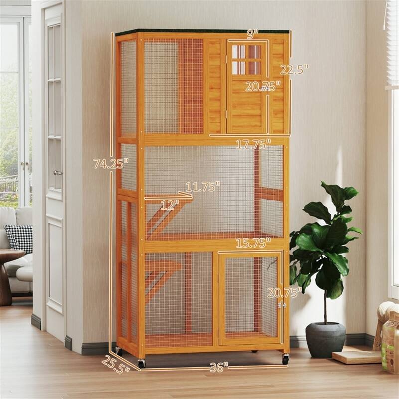 Fir Wood Steel Cat Cage with Wheels and Multi-Levels