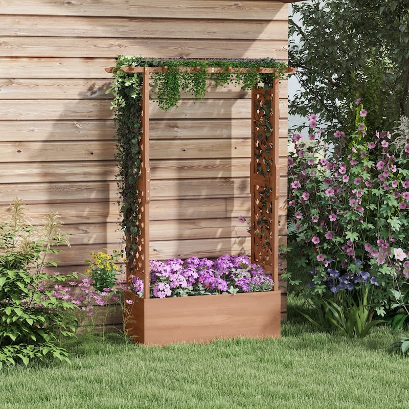 Outdoor Wooden Raised Planter Box with Arch Trellis, Self-Draining - Brown