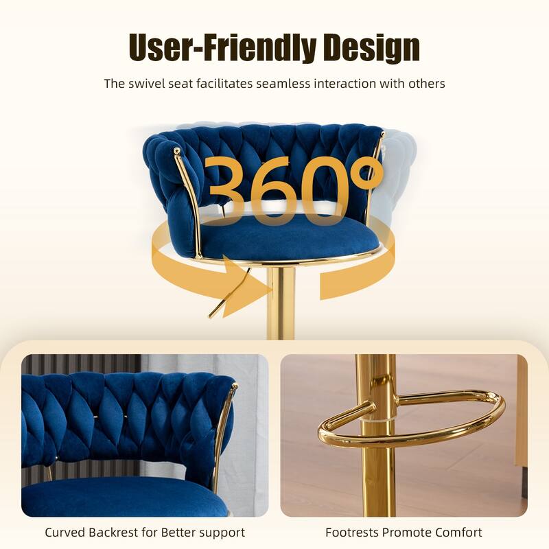 HOMEFUN Velvet Adjustable Height Swivel Armless Bar Stools With Golden Footrest(set of 2)