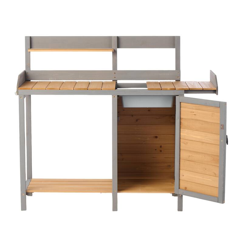 GDF Studio - Outdoor Solid Wood Potting Bench with Sink and Storage Garden Workstation