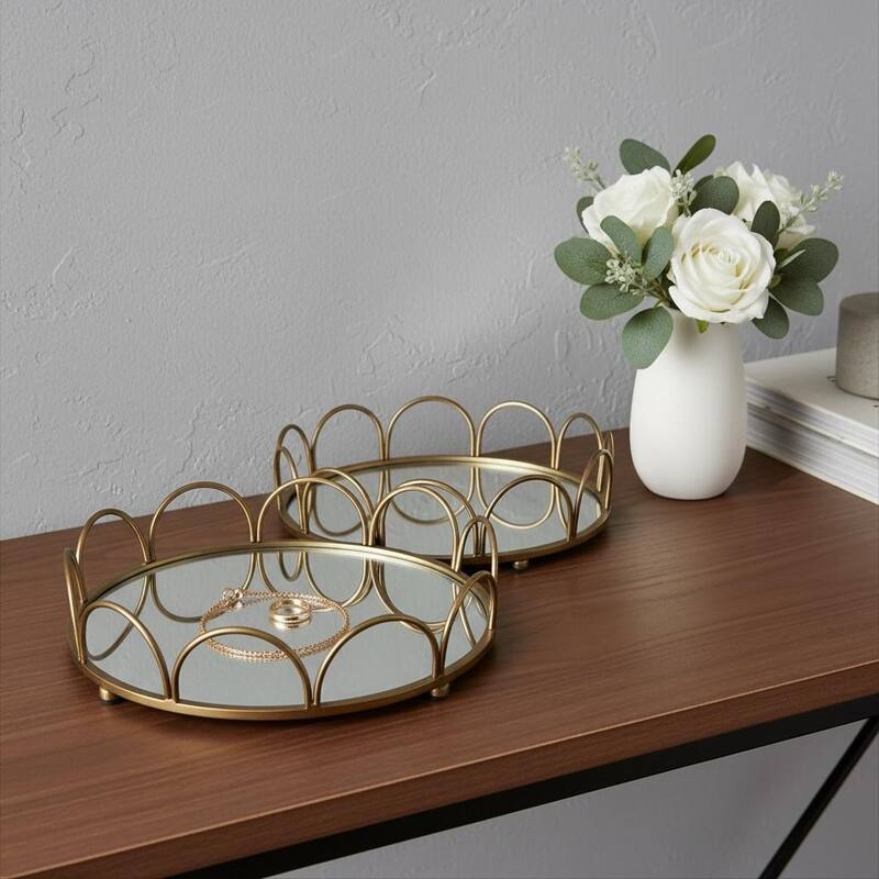 HomeRoots Set of Two Antiqued Gold Metal And Mirrored Glass Round Vanity Trays - 18.90 in. x 4.33 in. x 18.90 in. - Antiqued Gold/Silver - 18.90 in. x 4.33 in. x 18.90 in.