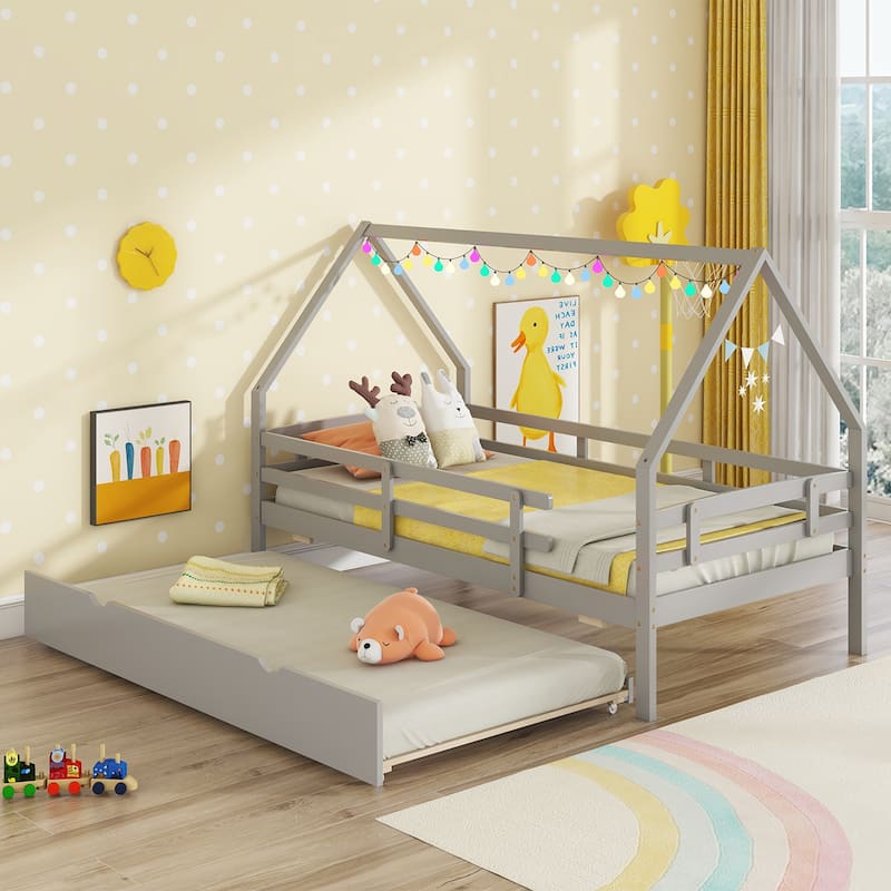 Gymax Twin Size House Bed w/ Trundle Wooden Kids Bed w/ Safety Rails &