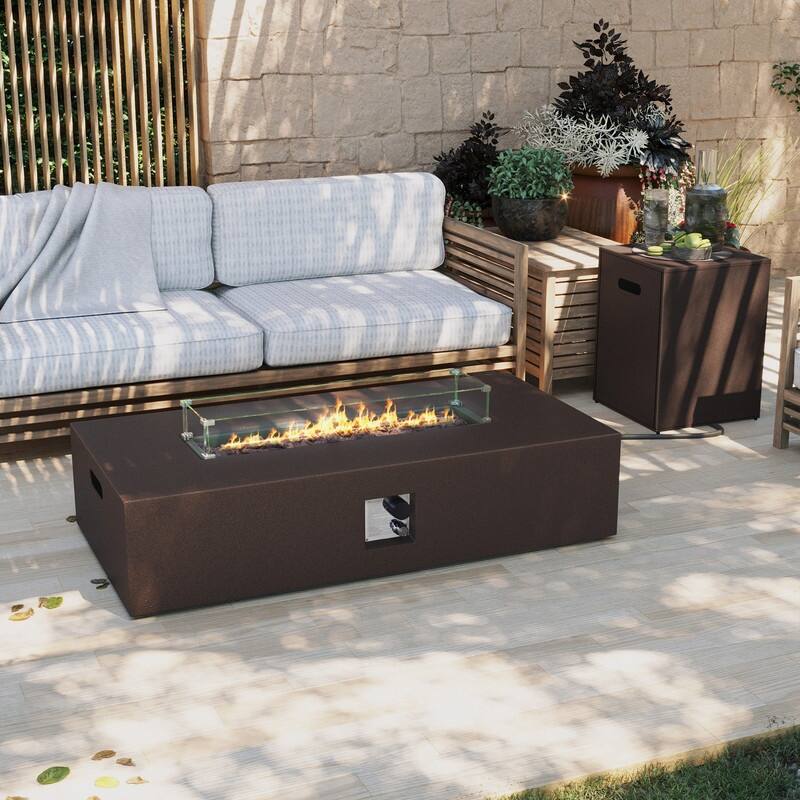 Patio Watcher Outdoor 56in. Rectangular Iron Fire Pit Table with Propane Tank Cover and Glass Wind Guard