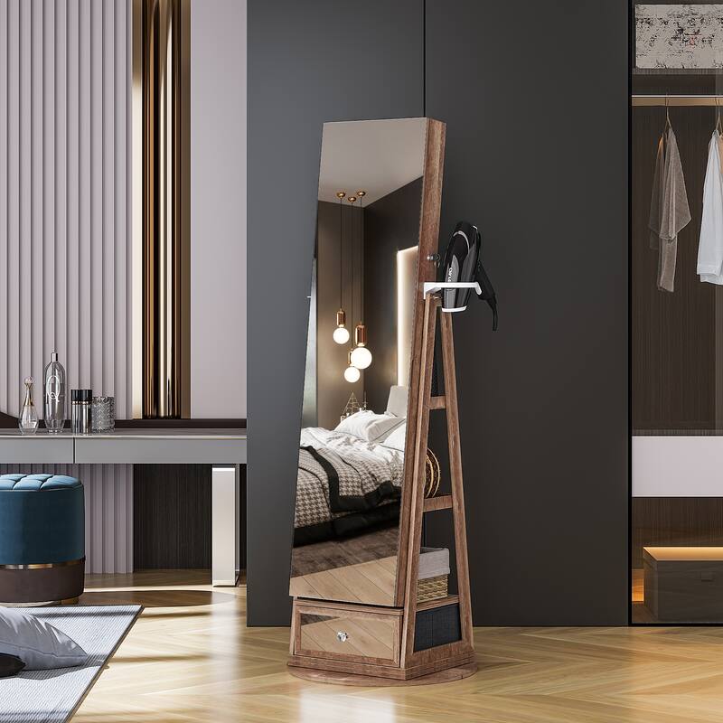 22'' Wide Rotatable Jewelry Armoire with Mirror - N/A - Brown