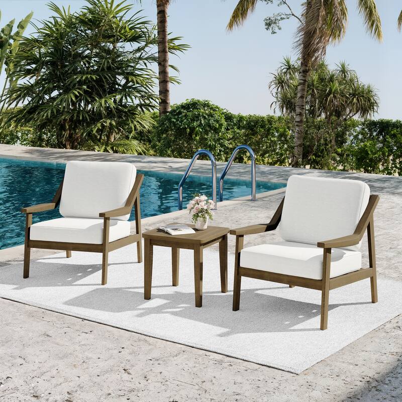 3-piece Teak Modern Cushioned Club Chairs Set Patio Bistro Set - NaturalFrame-Beige