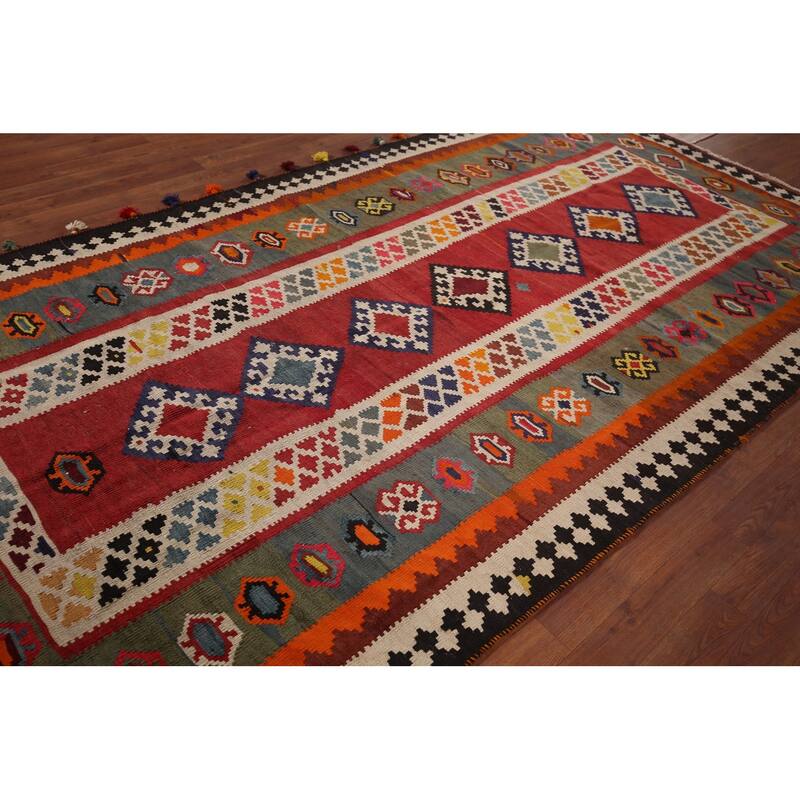 Kilim Qashqai Persian Vintage Rug Flatweave Tribal Wool Carpet - 5'2" X 9'10"