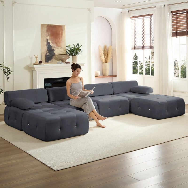 Mixoy Modular 134inch Modular Sectional Sofa with 2 Ottoman,Velvet U-Shaped Couch for Living Room - 133.9"w x 66.9"D x 24.8"H