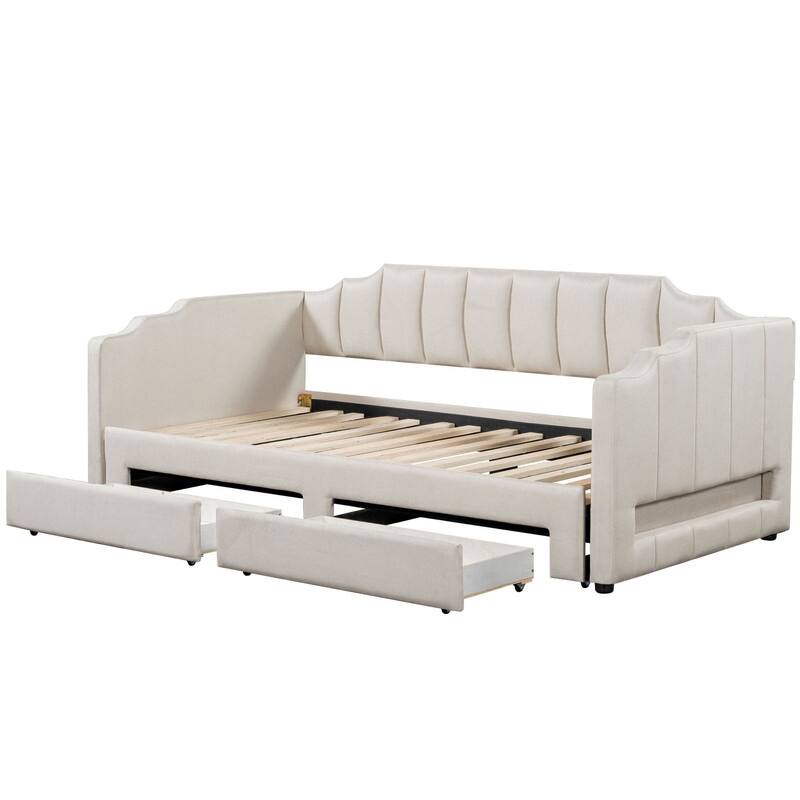 Twin XL to King Size Daybed, Extendable Upholstered Sofa Bed Frame with Two Storage Drawers and LED Light