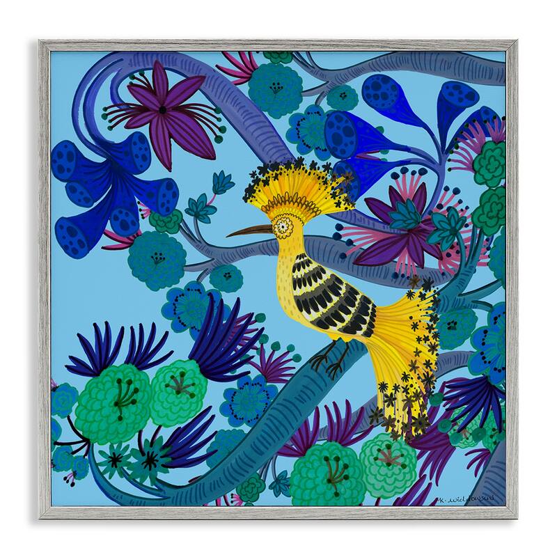 Stupell Whimsical Yellow Bird & Flowers Framed Giclee Art Design By Kay Widdowson - 17 x 17 - Grey