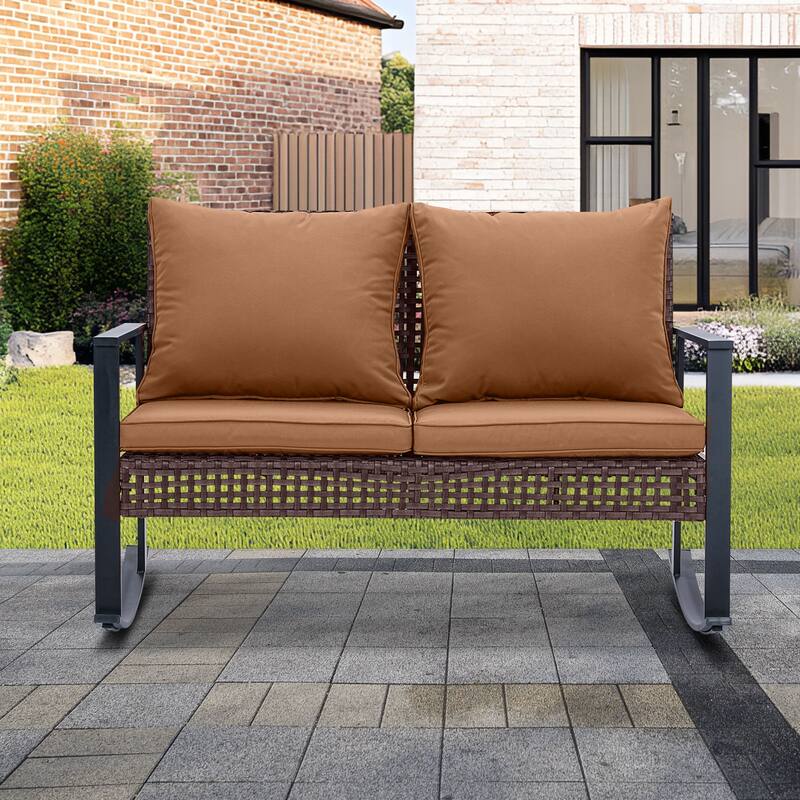 Ainfox Patio Double Outdoor Rocking Chair Bench Loveseat with Cushions - Brown