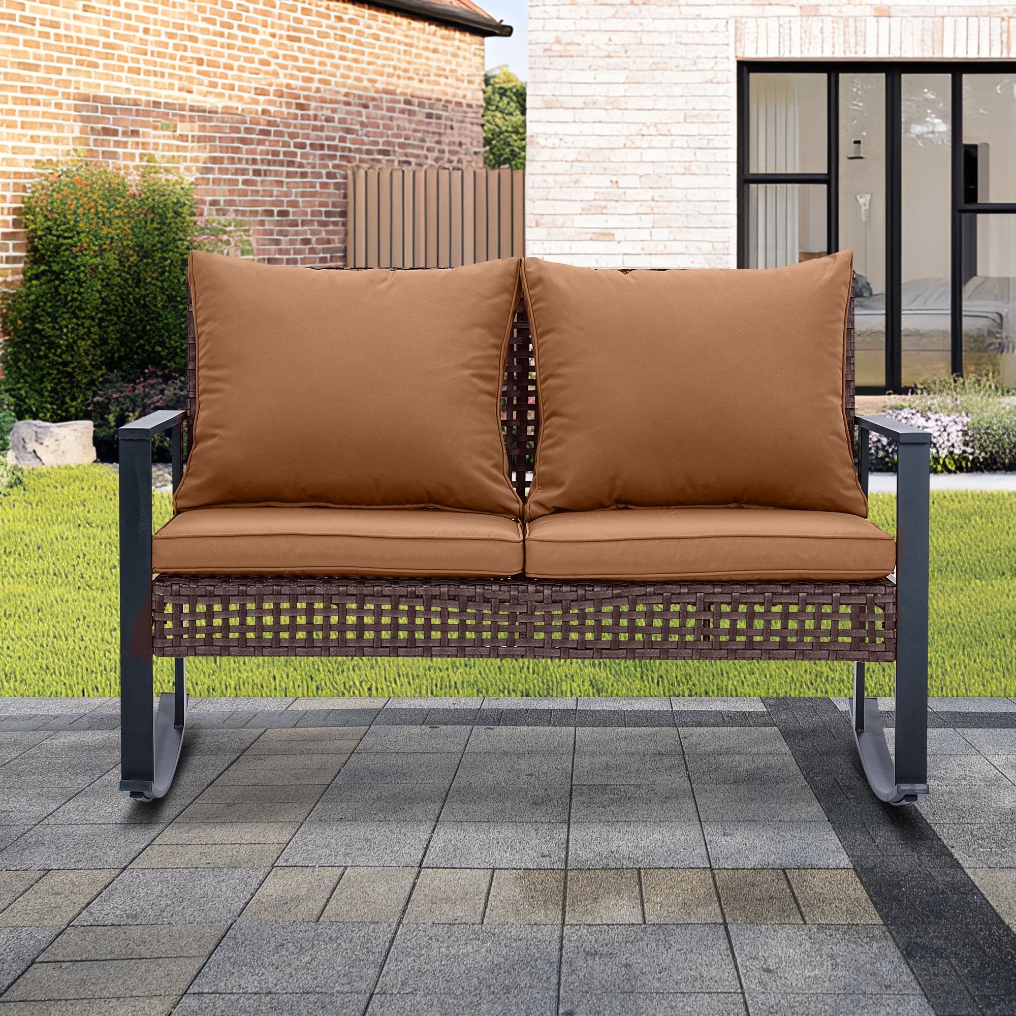 Ainfox Patio Double Outdoor Rocking Chair Bench Loveseat with Cushions.