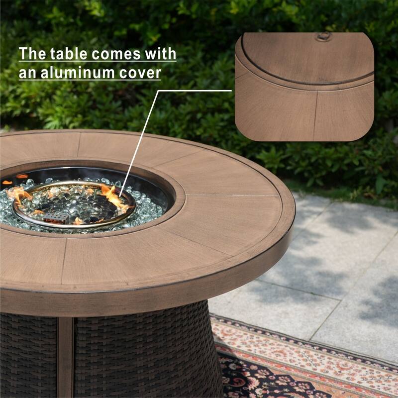 5-piece Modern Patio Round Fire Pit Table Set with 4 Wicker Chairs