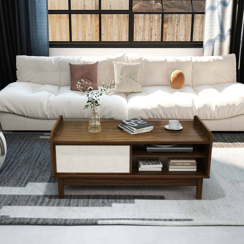 Costway Rectangular Coffee Table with Storage Weaving Sliding Door & - See Details