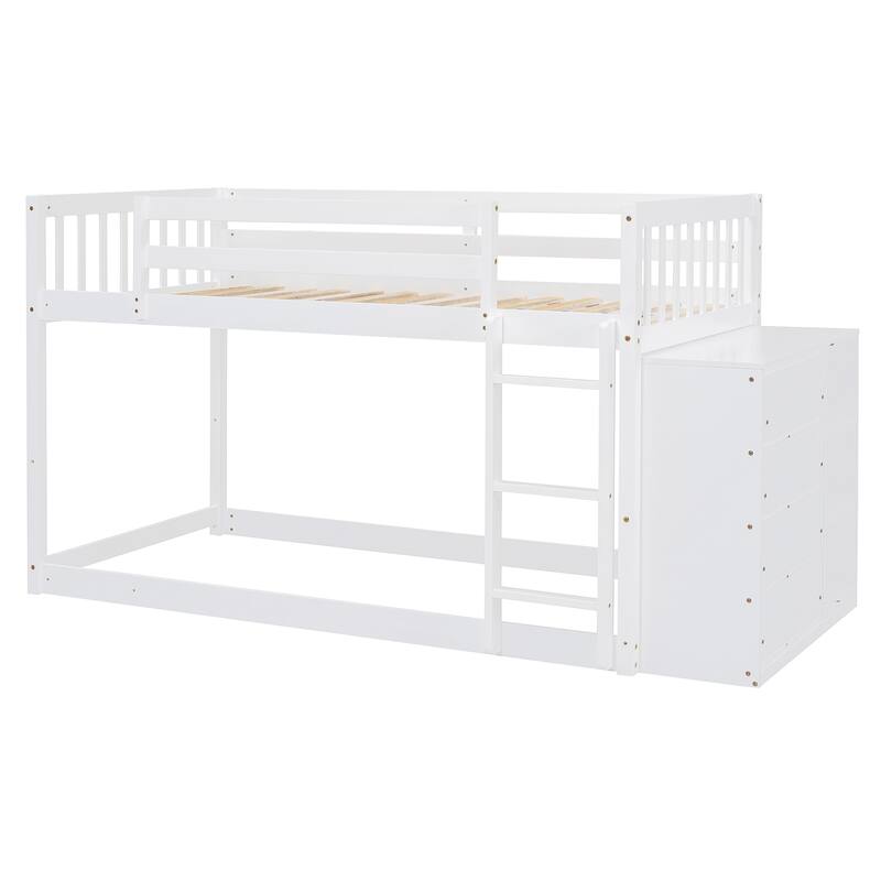 Twin Over Twin Bunk Bed with 4 Drawers and 3 Shelves, White